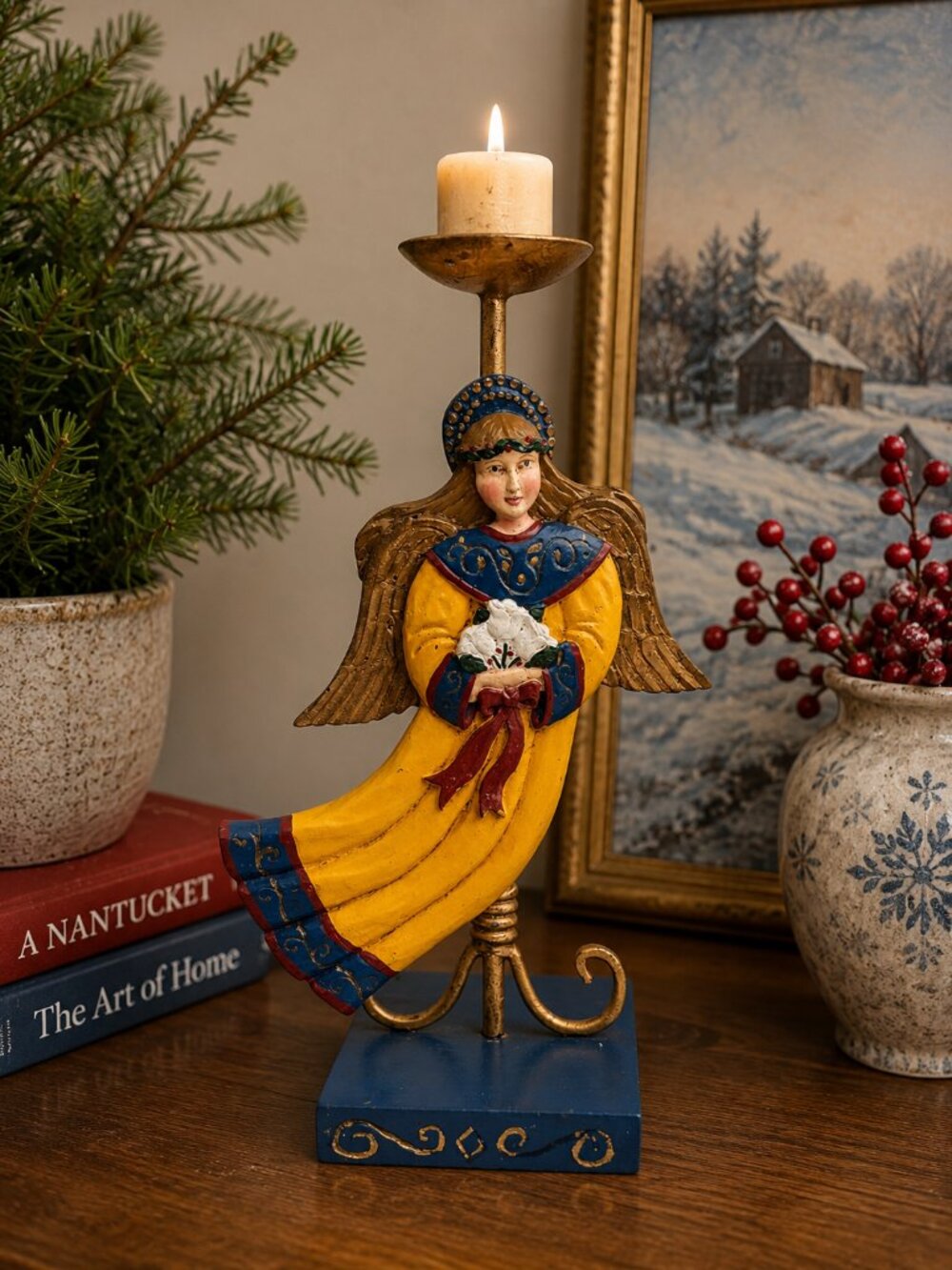 Midwest of Cannon Falls Winter Winds Angel Folk Art Candle Holder 10.25"